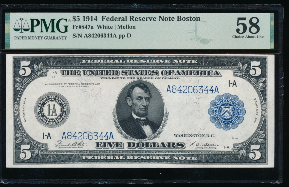 Fr. 847a 1914 $5  Federal Reserve Note Boston PMG 58 A84206344A
