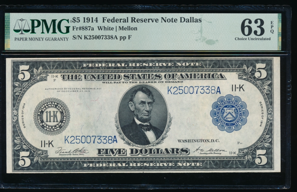 Fr. 887a 1914 $5  Federal Reserve Note Dallas PMG 63EPQ K25007338A