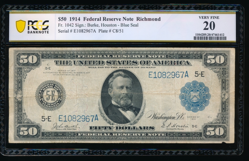 Fr. 1042 1914 $50  Federal Reserve Note Richmond PCGS 20 E1082967A