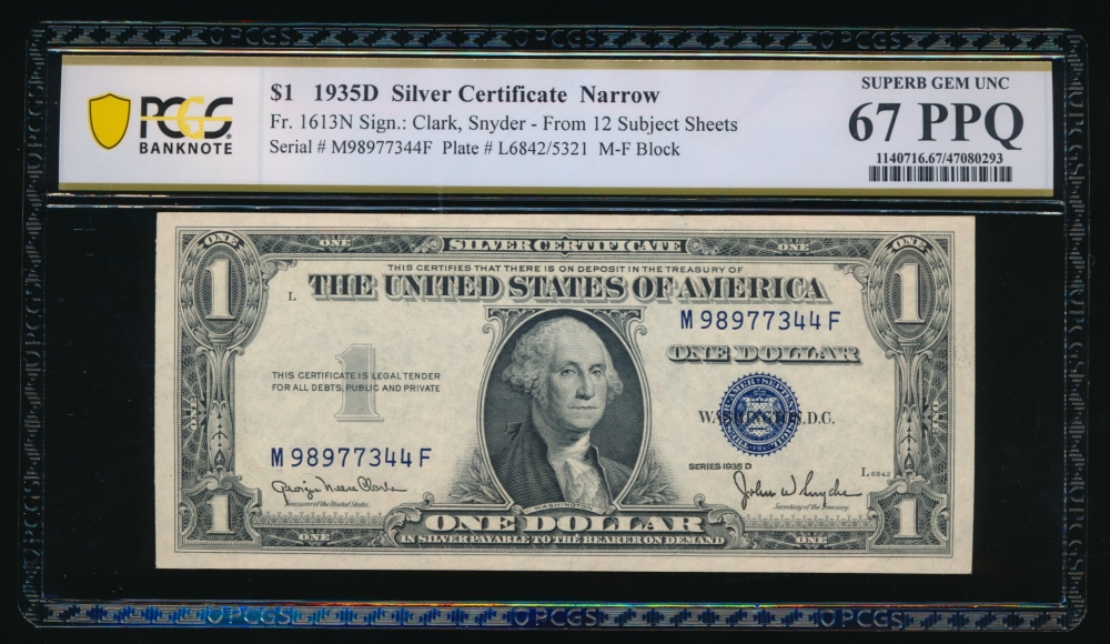 Fr. 1613 1935D $1  Silver Certificate Narrow, MF block PCGS 67PPQ M98977344F