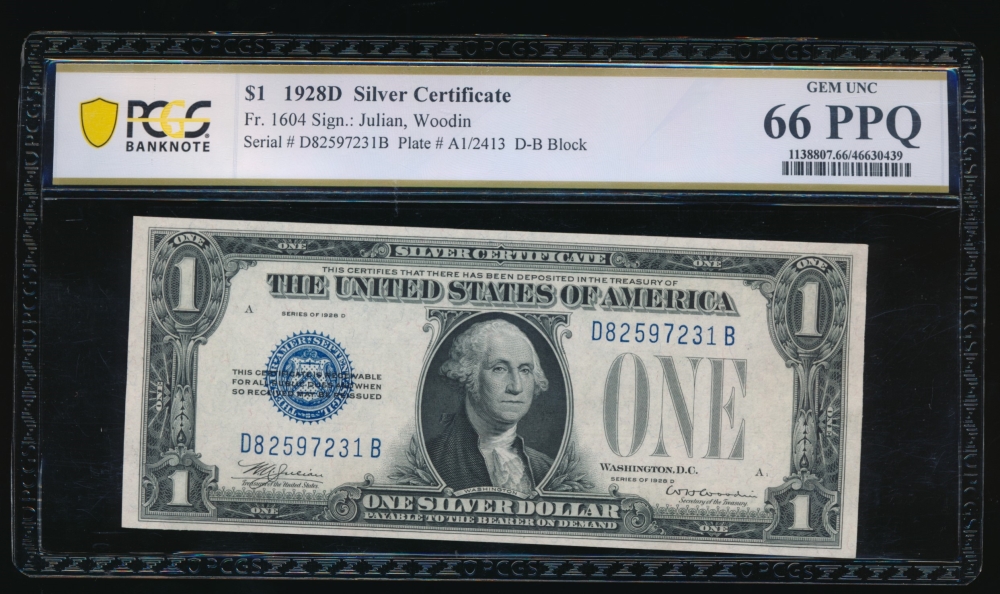 Fr. 1604 1928D $1  Silver Certificate DB block PCGS 66PPQ D82597231B