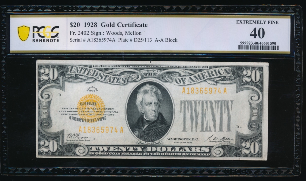 Fr. 2402 1928 $20  Gold Certificate  PCGS 40 A18365974A