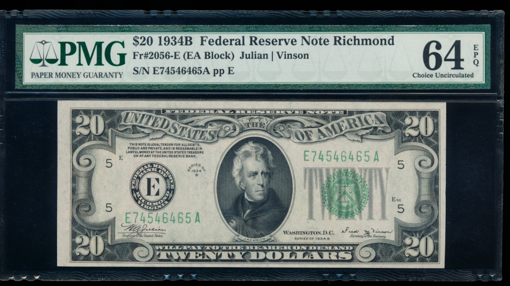 Fr. 2056-E 1934B $20  Federal Reserve Note Richmond PMG 64EPQ E74546465A