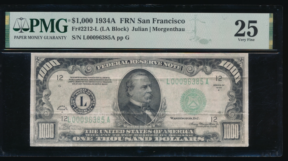 Fr. 2212-L 1934A $1,000  Federal Reserve Note San Francisco PMG 25 L00096385A