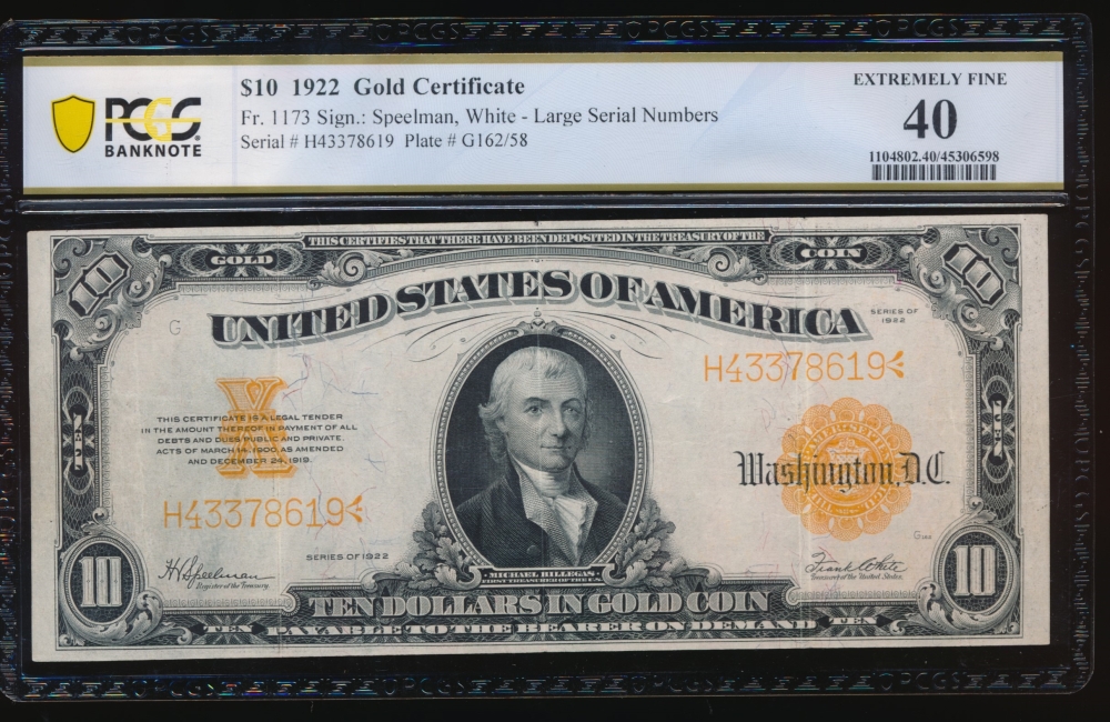 Fr. 1173 1922 $10  Gold Certificate  PCGS 40 H43378619