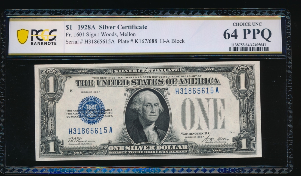 Fr. 1601 1928A $1  Silver Certificate HA block PCGS 64PPQ H31865615A