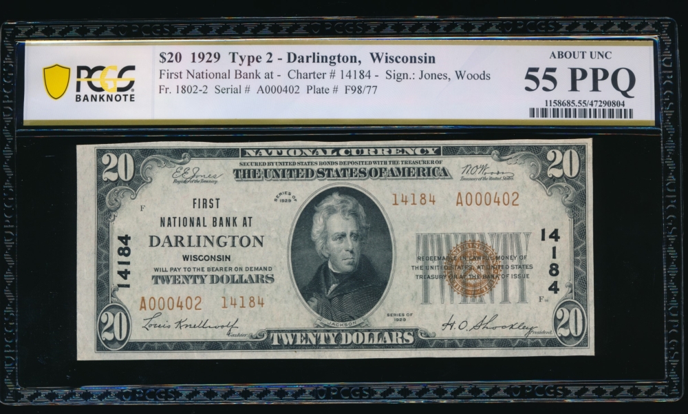 Fr. 1802-2 1929 $20  National: Type II Ch #14184 First National Bank at Darlington, Wisconsin PCGS 55PPQ A000402