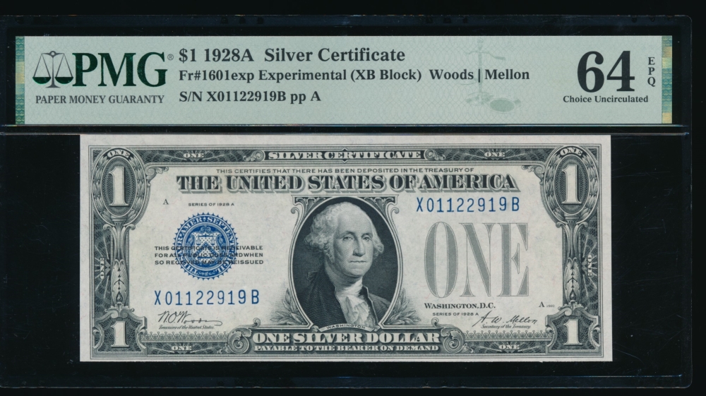 Fr. 1601 1928A $1  Silver Certificate XB block experimental PMG 64EPQ X01122919B