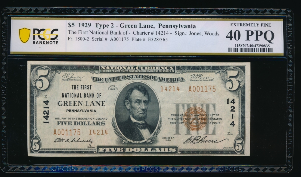 Fr. 1800-2 1929 $5  National: Type II Ch #14214 The First National Bank of Green Lane, Pennsylvania PCGS 40PPQ A001175