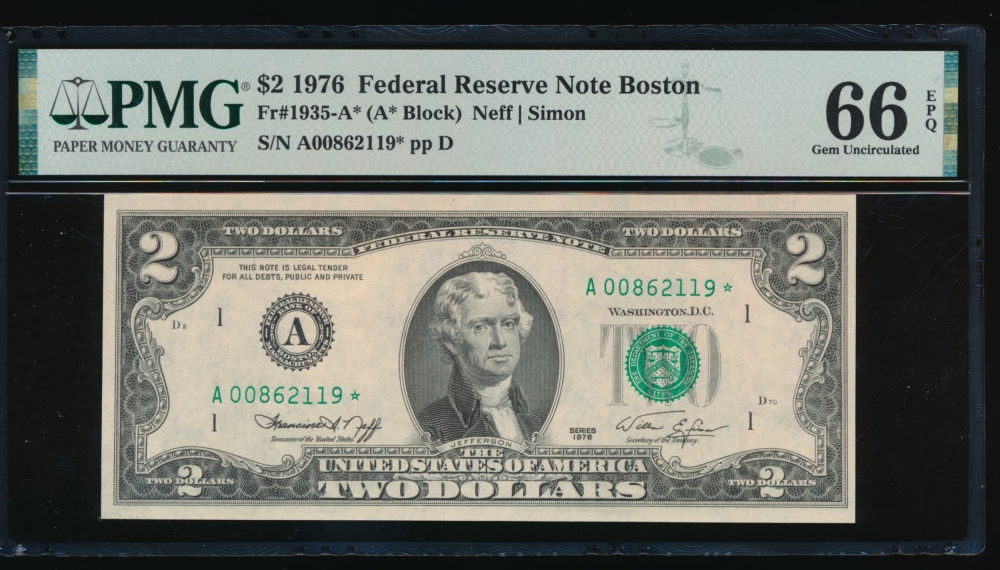 Fr. 1935-A 1976 $2  Federal Reserve Note Boston star PMG 66EPQ A00862119*