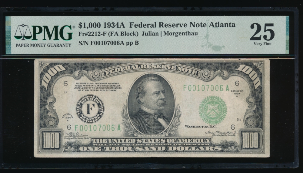 Fr. 2212-F 1934A $1,000  Federal Reserve Note Atlanta PMG 25 F00107006A