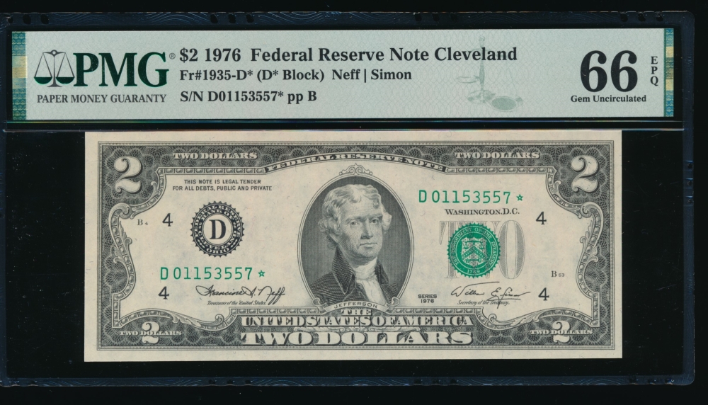 Fr. 1935-D 1976 $2  Federal Reserve Note Cleveland star PMG 66EPQ D01153557*