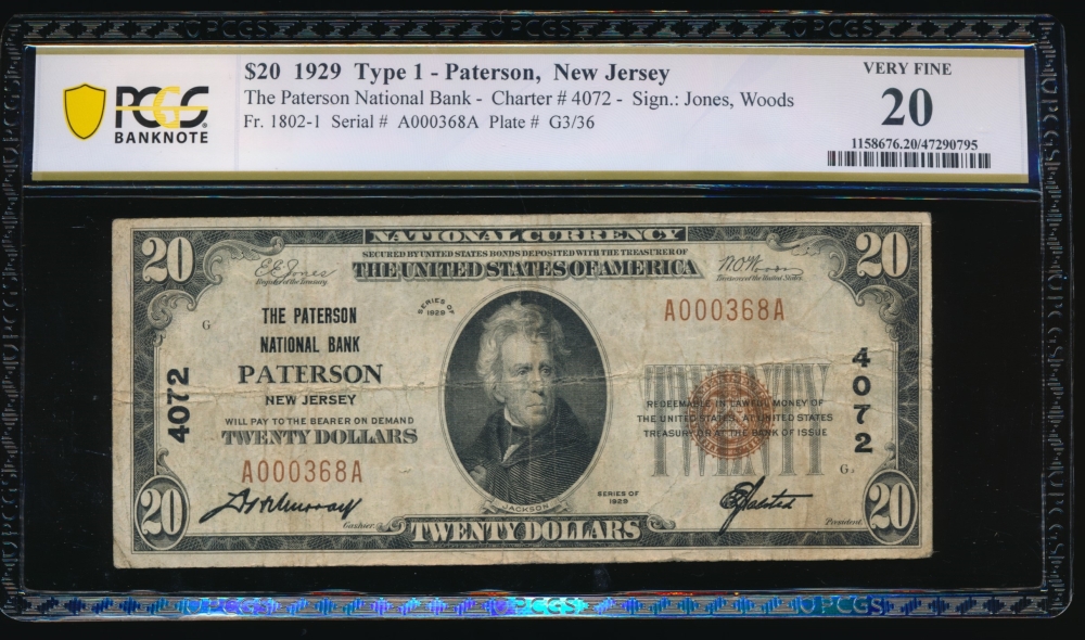 Fr. 1802-1 1929 $20  National: Type I Ch #4072 The Patterson National Bank Patterson, New Jersey PCGS 20 A000368A