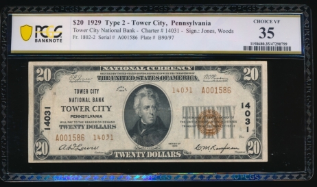 Fr. 1802-2 1929 $20  National: Type II Ch #14031 Tower City National Bank Tower City, Pennsylvania PCGS 35 A001586