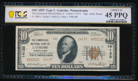 Fr. 1801-2 1929 $10  National: Type II Ch #14133 The Commerical National Bank of Latrobe, Pennsylvania PCGS 45PPQ A002121