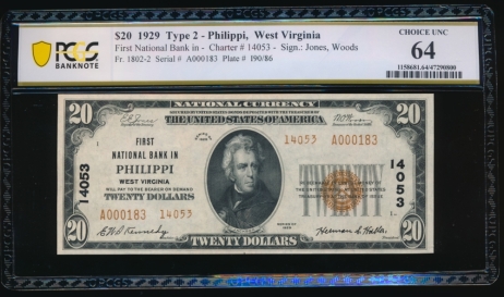 Fr. 1802-2 1929 $20  National: Type II Ch #14053 First National Bank in Philippi, West Virginia PCGS 64 A000183