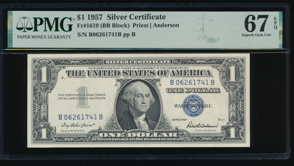 Fr. 1619 1957 $1  Silver Certificate BB block PMG 67EPQ B06261741B