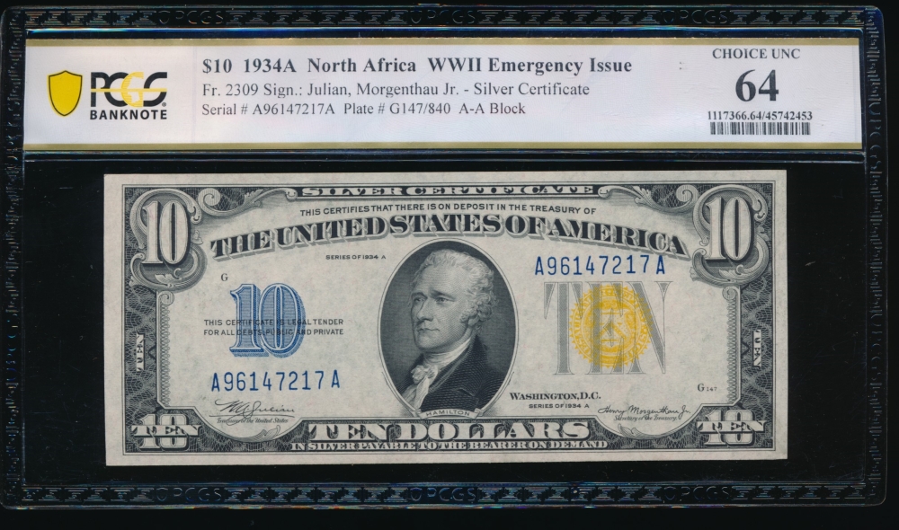 Fr. 2309 1934A $10  North Africa AA block PCGS 64 A96147217A