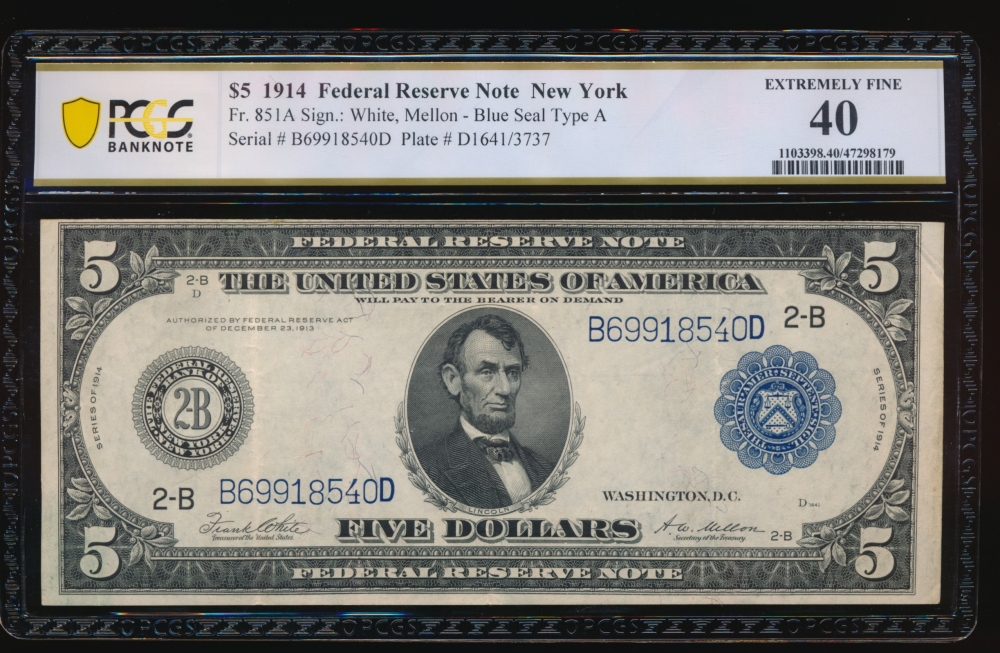 Fr. 851a 1914 $5  Federal Reserve Note New York PCGS 40 B69918540D