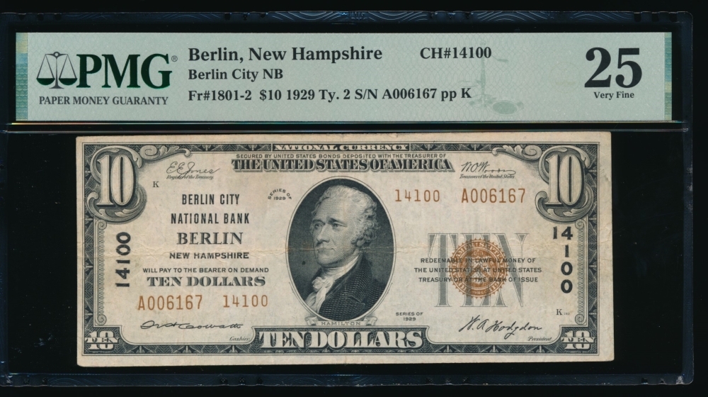 Fr. 1801-2 1929 $10  National: Type II Ch #14100 Berlin City National Bank Berlin, New Hampshire PMG 25 A006167