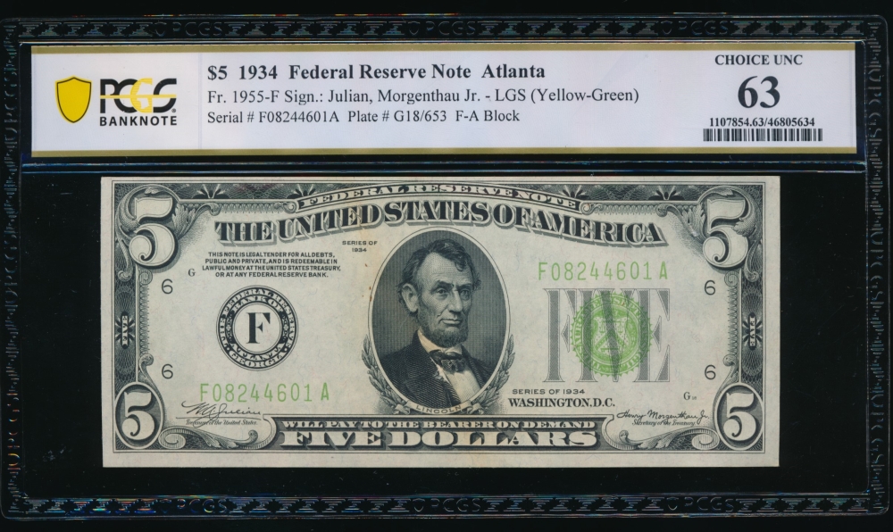 Fr. 1955-F 1934 $5  Federal Reserve Note Atlanta LGS PCGS 63 comment F08244601A