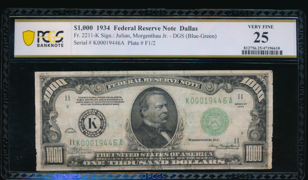 Fr. 2211-K 1934 $1,000  Federal Reserve Note Dallas PCGS 25 comment K00019446A