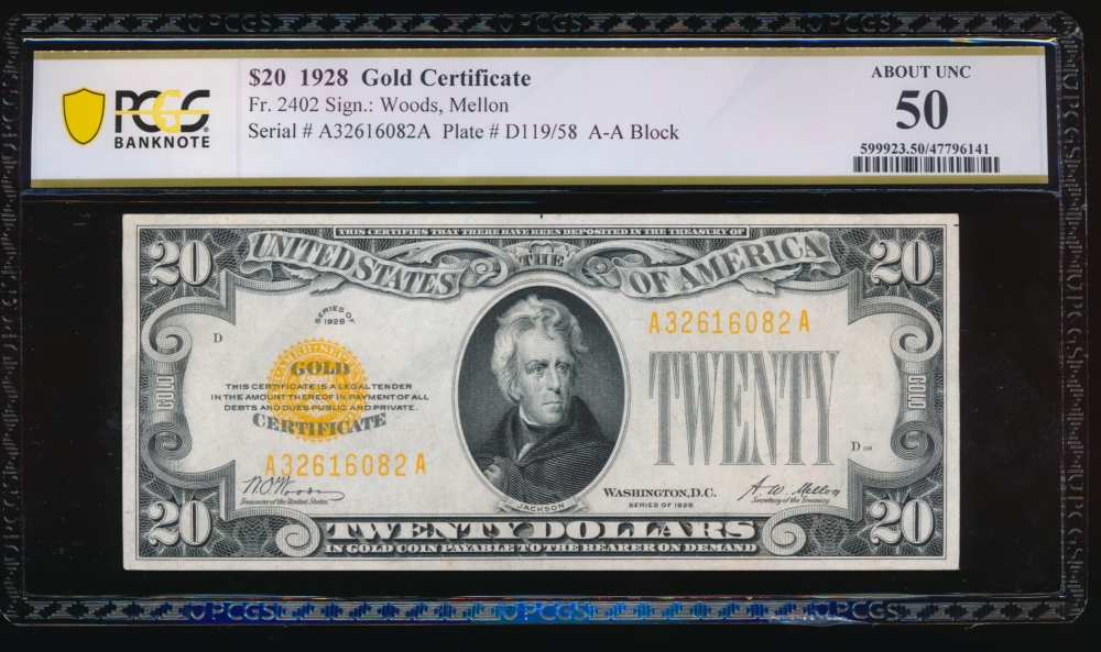 Fr. 2402 1928 $20  Gold Certificate  PCGS 50 A32616082A