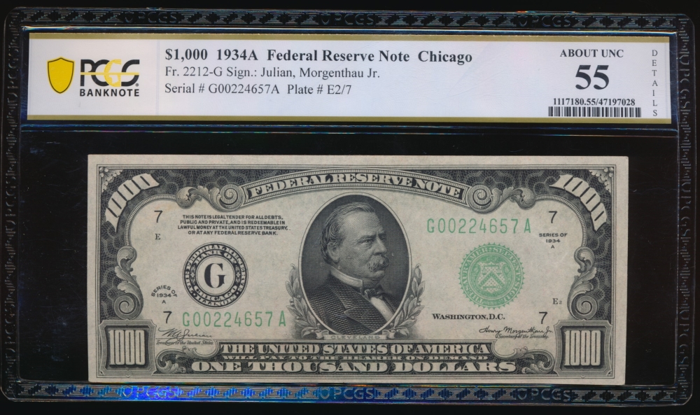 Fr. 2212-G 1934 $1,000  Federal Reserve Note Chicago PCGS 55 details G00224657A
