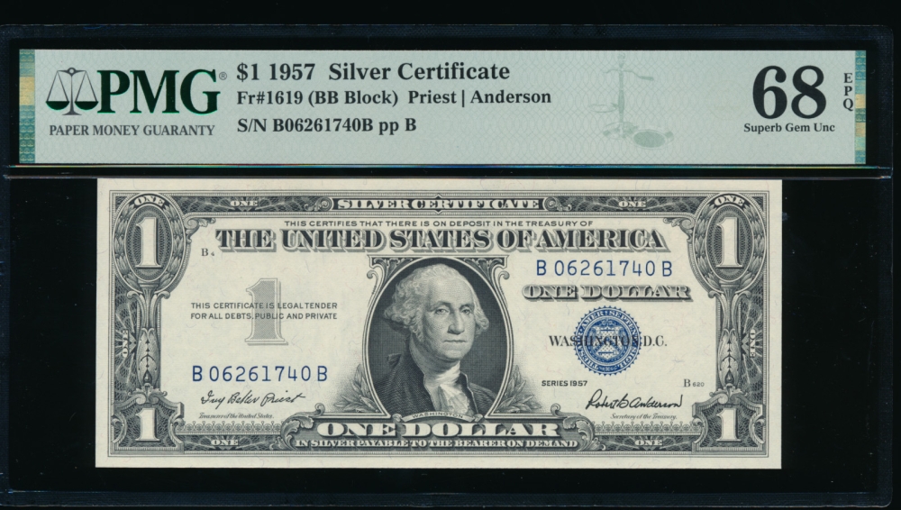 Fr. 1619 1957 $1  Silver Certificate BB block PMG 68EPQ B06261740B