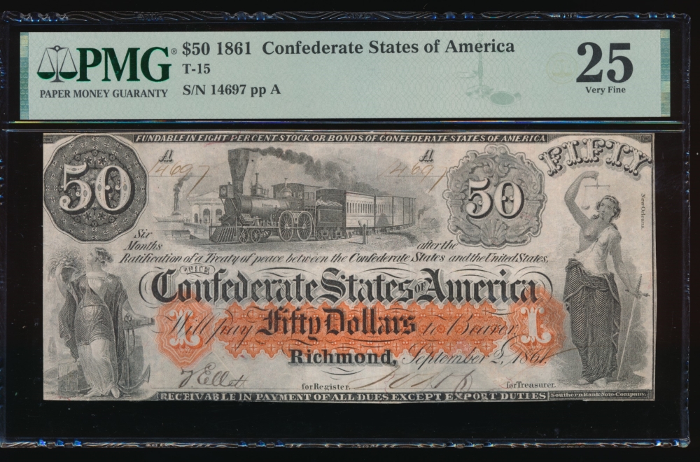 Fr. T-15 1861 $50  Confederate  PMG 25 14697