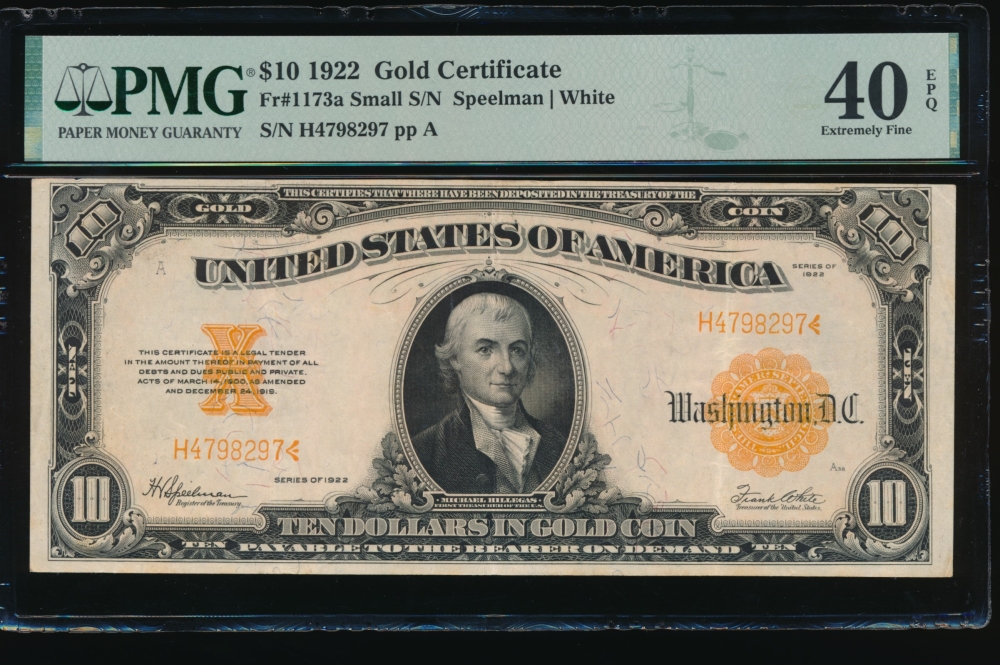 Fr. 1173a 1922 $10  Gold Certificate  PMG 40EPQ H4798297