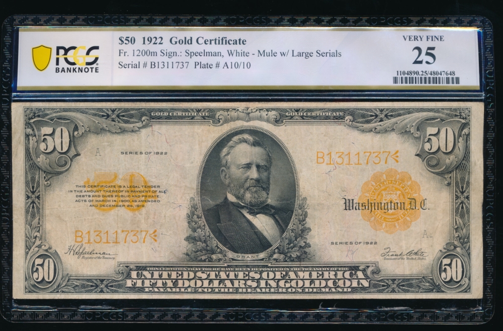 Fr. 1200 1922 $50  Gold Certificate mule PCGS 25 B1311737