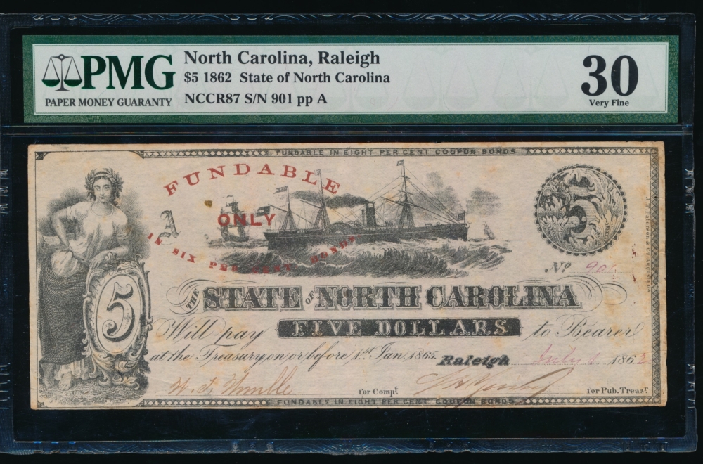 Fr. Cr NC-87 1862 $5  Obsolete State of North Carolina, Raleigh PMG 30 comment 901