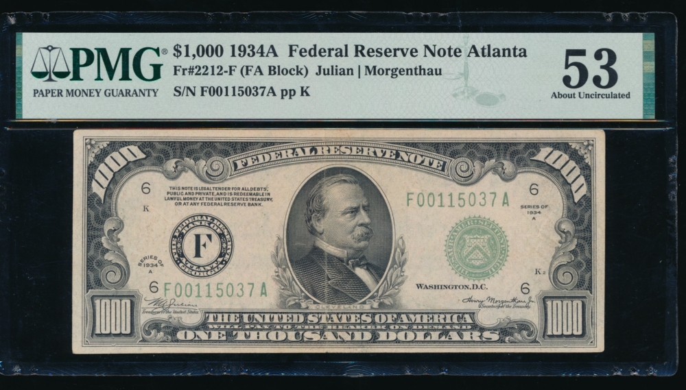 Fr. 2212-F 1934A $1,000  Federal Reserve Note Atlanta PMG 53 comment F00115037A