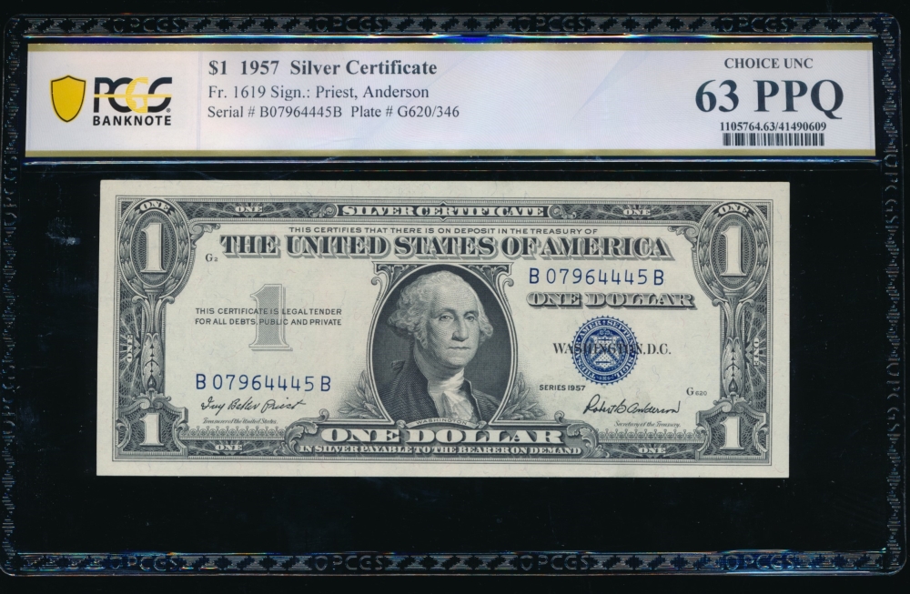Fr. 1619 1957 $1  Silver Certificate BB block PCGS 63PPQ B07964445B