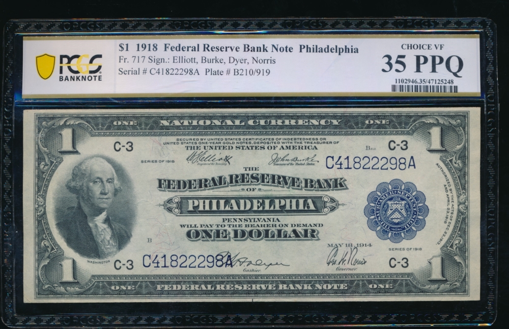 Fr. 717 1918 $1  FRBN Philadelphia PCGS 35PPQ C41822298A
