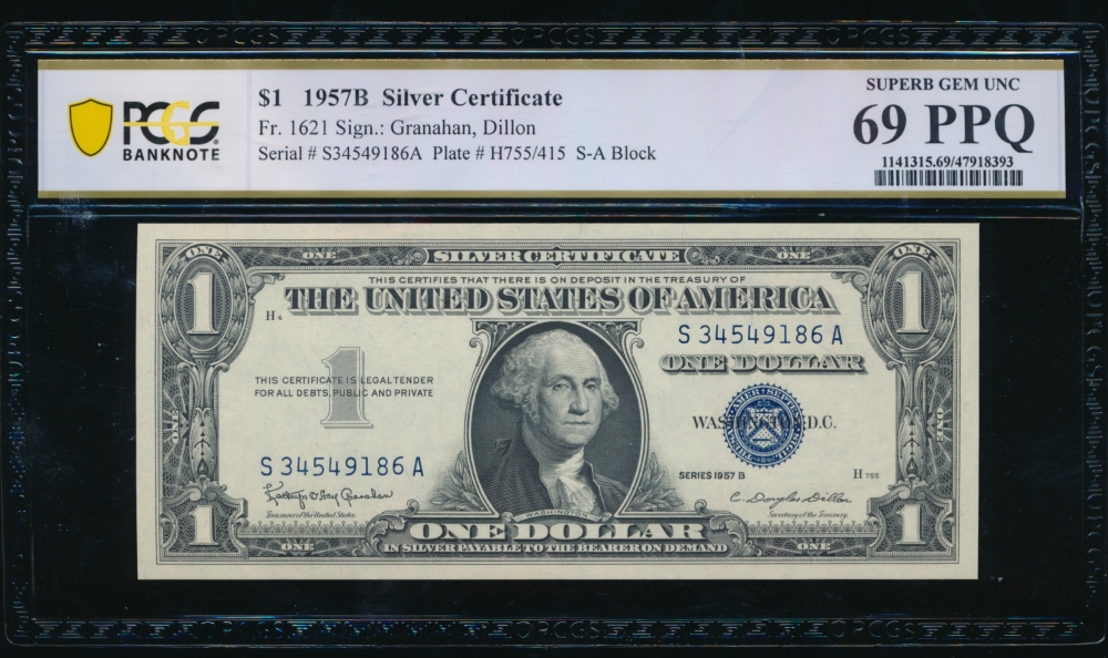 Fr. 1621 1957B $1  Silver Certificate SA block PCGS 69PPQ S34549186A