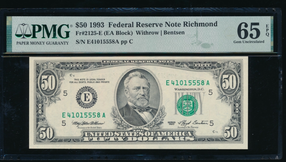 Fr. 2125-E 1993 $50  Federal Reserve Note Richmond PMG 65EPQ E41015558A
