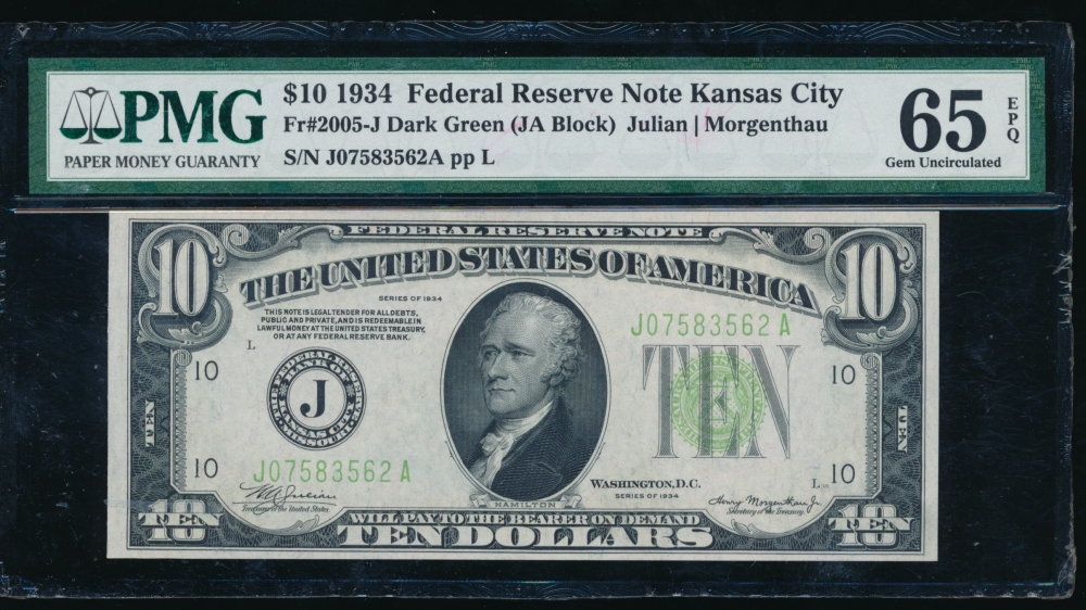 Fr. 2005-J 1934 $10  Federal Reserve Note Kansas City PMG 65EPQ J07583562A