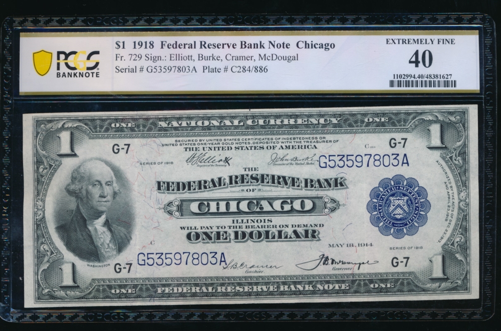 Fr. 729 1918 $1  FRBN Chicago PCGS 40 G53597803A