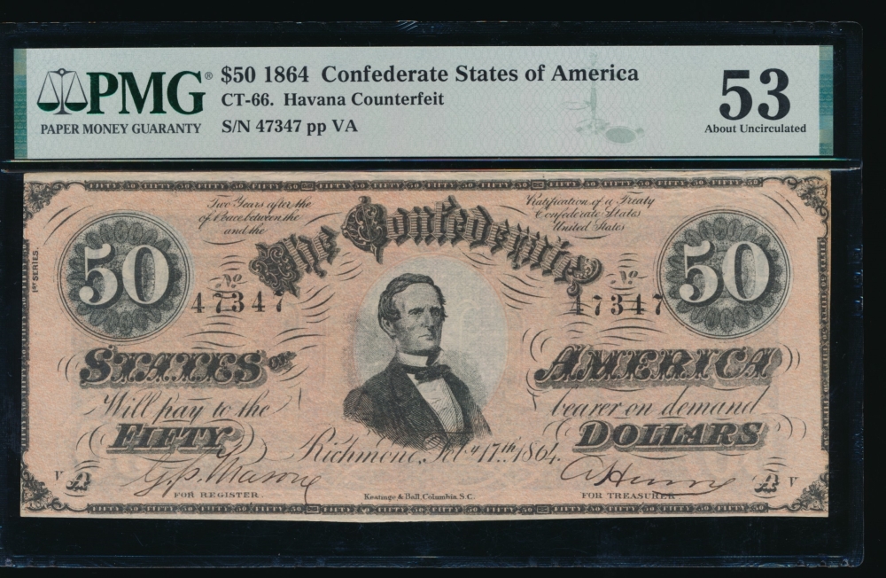 Fr. CT-66 1864 $50  Confederate Havana Counterfeit PMG 53 47347