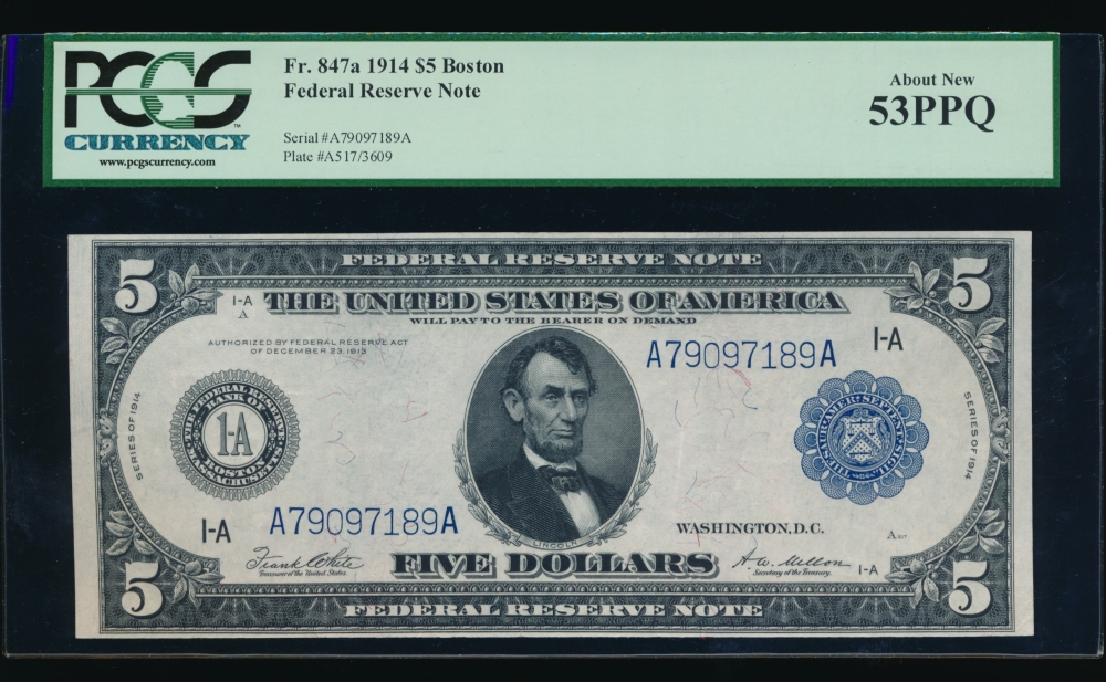 Fr. 847a 1914 $5  Federal Reserve Note Boston PCGS-C 53PPQ A79097189A