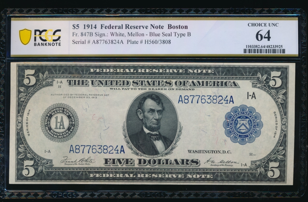 Fr. 847b 1914 $5  Federal Reserve Note  PCGS 64 A87763824A