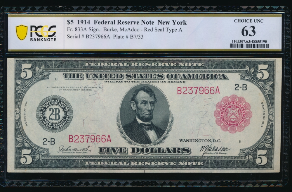 Fr. 833a 1914 $5  Federal Reserve Note New York red seal PCGS 63 B237966A
