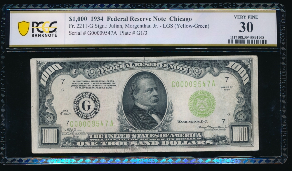 Fr. 2211-G 1934 $1,000  Federal Reserve Note Chicago LGS PCGS 30 G00009547A
