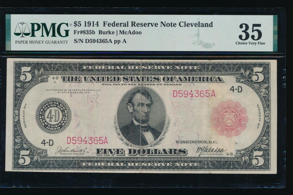 Fr. 835b 1914 $5  Federal Reserve Note Cleveland red seal PMG 35 D594365A
