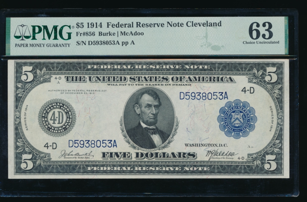 Fr. 856 1914 $5  Federal Reserve Note Cleveland PMG 63 D5938053A