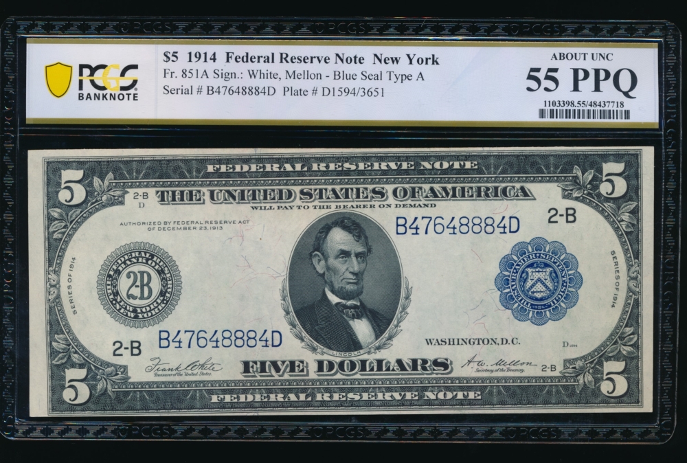 Fr. 851a 1914 $5  Federal Reserve Note New York PCGS 55PPQ B47648884D