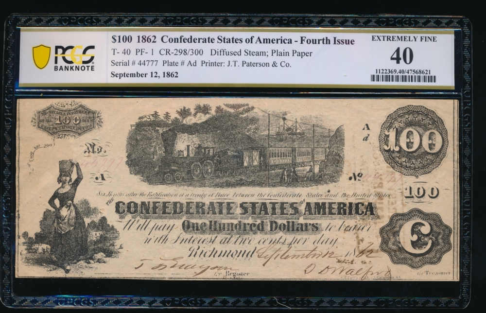 Fr. T-40 1862 $100  Confederate  PCGS 40 comment 44777