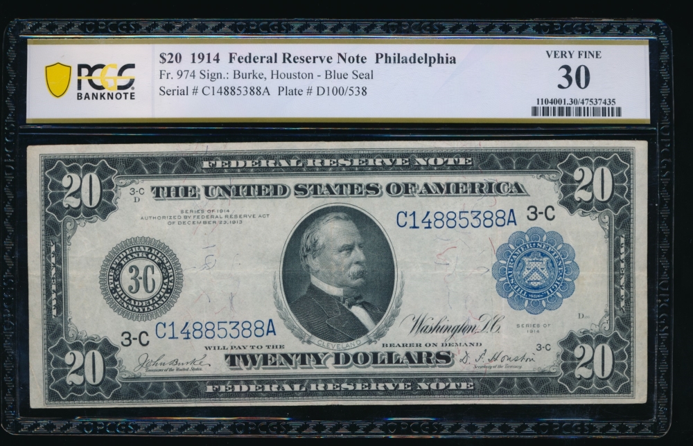 Fr. 974 1914 $20  Federal Reserve Note Philadelphia PCGS 30 C14885388A